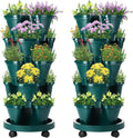 Umigy 2 Set 5 Tier Stackable Planters Vertical Garden Planters for Strawberry Herb Flower and Vegetable Indoor Outdoor Gardening Pots with Removable Wheels and Bottom(Dark Green)