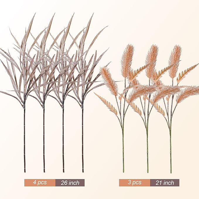 7 PCS Artificial Stems Fake Plants for Spring Summer Decor, 26 in Fake Leaves Greenery Branches Orange Silk Flowers Faux Foliage DIY Stems for Vase Home Kitchen Farmhouse Indoor Table Centerpiece