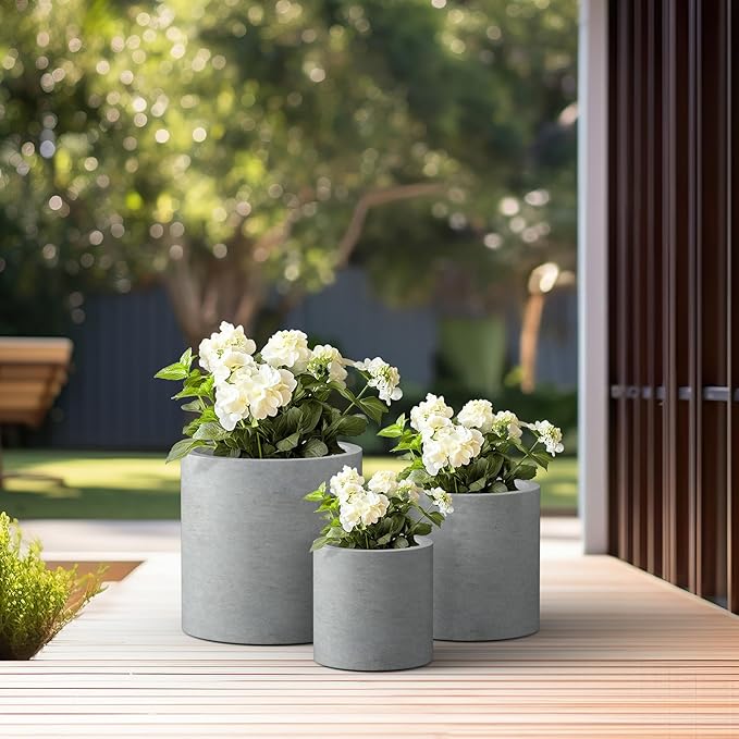 Kante 9.8",12.6",15.7" Dia Round Concrete Planter Set of 3, Modern Style Large Cylindrical Plant Pot with Drainage Hole and Rubber Plug for Indoor Outdoor Patio, Natural Concrete
