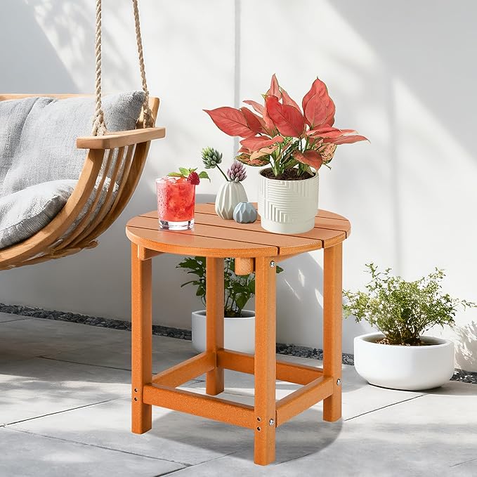 LZRS Round Adirondack Patio Side Table End Table, Outdoor Side Tables for Patio, Backyard,Pool, Indoor Companion, Easy Maintenance & Weather Resistant(Orange)
