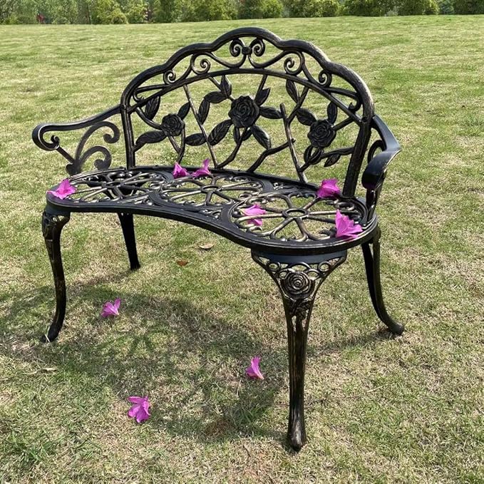 Mandolin Outdoor Park Garden Chair,All Chair Anti Rust Cast Aluminum Patio Yard Bench,Carved Rose Loveseat Bench for Backyard .Porch.Balcony.Lawn (Copper)