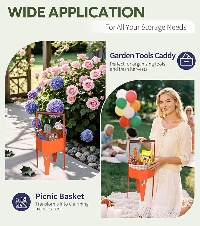 Planter with Stand, Metal 2 in 1 Portable Planter with Grow Bags & Handle, Stable Stylish Indoor Plant Pots with Stand, Modern Plant Stand Indoor, 7.5'' x 17.3'', Orange, Plant Not Included