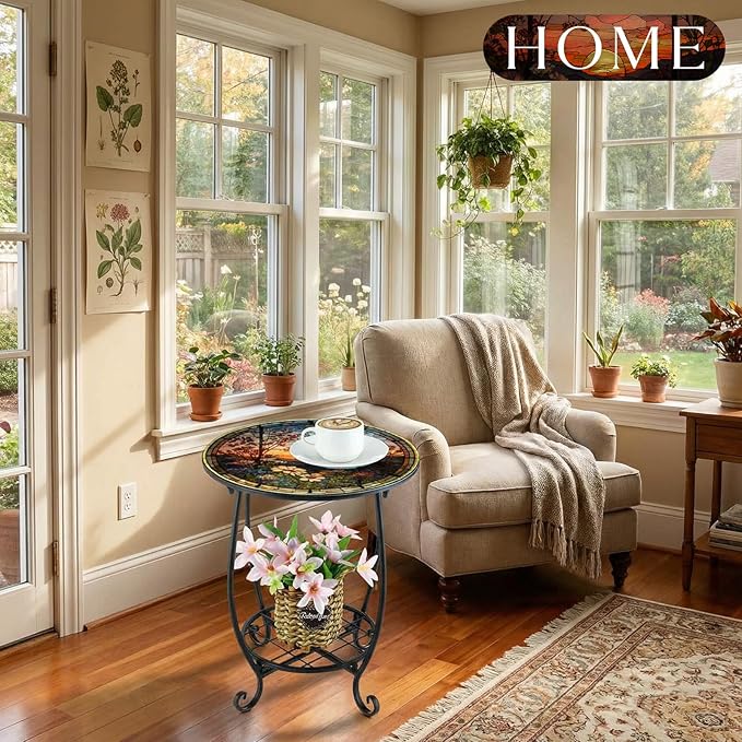 Outdoor Side Table Round Small Mosaic Patio Accent Indoor End Plant Coffee Tea Table for Yard Patio Porch Garden Living Room, Bedroom(Sunset and Flowers,14 Inch)
