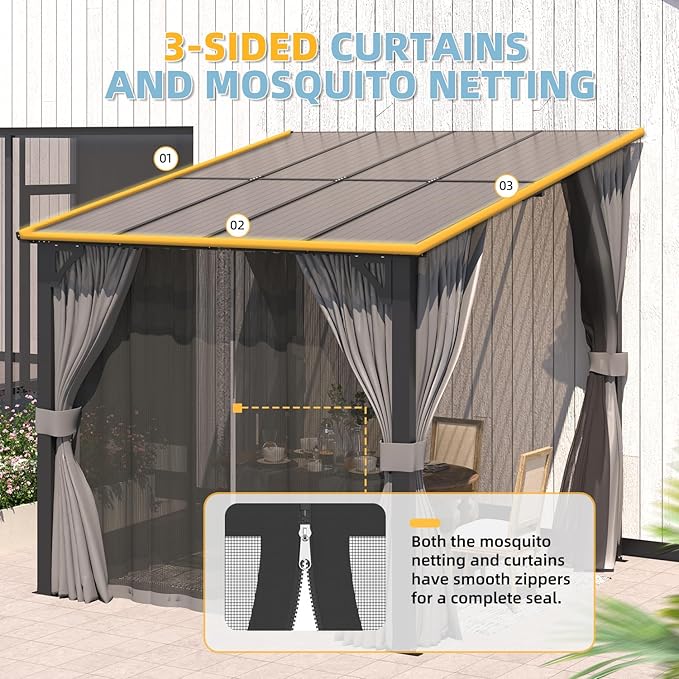 AECOJOY 8' X 8' Gazebo for Patio, Small Wall-Mounted Lean to Pergola 8x8 Gazebo with Curtains and Netting, Hard Top Gazebo on Clearance for Lawn Backyard Garden Deck