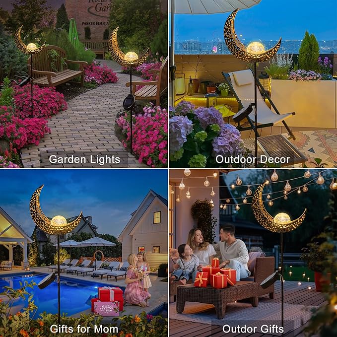 2Pack Moon Garden Gifts Solar Lights Outdoor Stakes Waterproof, Gifts for Mom, Crackle Glass Backyard Decor Balcony Lawn Ornaments, for Women Men Grandma (Bronze)