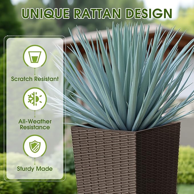 Devoko Resin Tall Planters with Tray for Outdoor Plants Set of 2, Large Taper Outdoor Planter Pots with 4 Drainage Holes, Flower Pots Modern Decor for Porch, Patio, Backyard, Garden(Brown, 32")