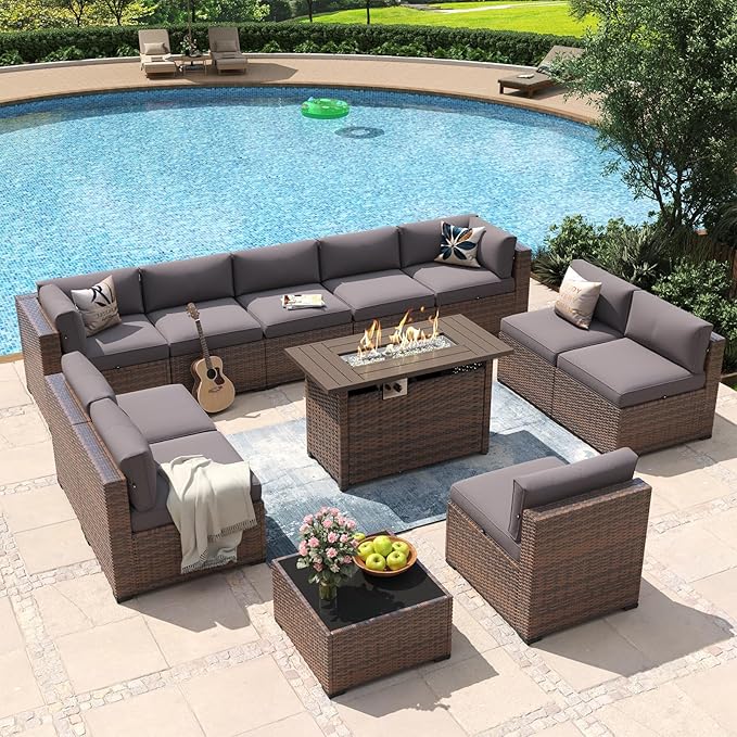 Aoxun 12 Piece Patio Furniture Set with 44” Fire Pit Table Wicker Rattan Outdoor Sectional Sofa Set with Coffee Table and Thickened Cushions, Grey (Waterproof Cover Included)