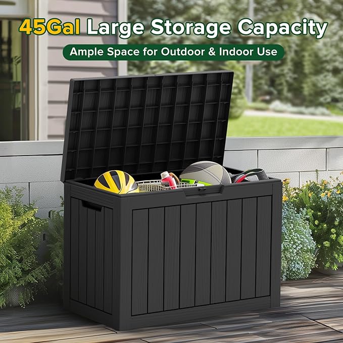 TARKARI 45 Gallon Lockable Resin Deck Box, Waterproof & UV-Resistant Outdoor Storage Box for Outdoor Cushion Storage, Garden Tools & Pool Accessories Storage, Black