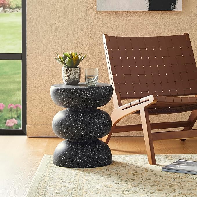 Glitzhome Outdoor Side Table Set of 2, 18" H Decorative Garden Stool MgO Faux Terrazzo End Table, Heavy Duty Indoor Outdoor Round Planter Stand for Living Room Bedroom Patio Deck Poolside,Black
