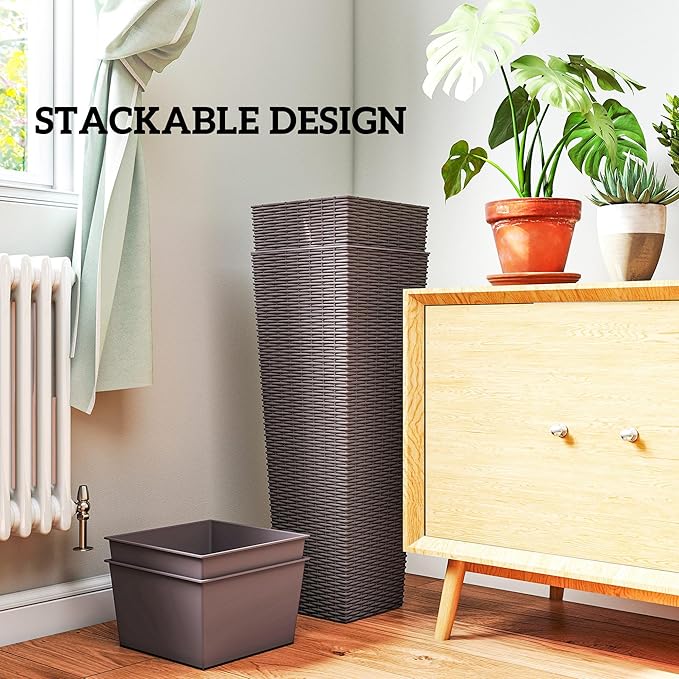 Outsunny 32 Inch Tall Planters for Outdoor Plants, Set of 2 Plastic Rattan-Like Flower Pots with Drainage Holes, Stackable Tapered Planters for Indoor Plants, Front Porch, Brown