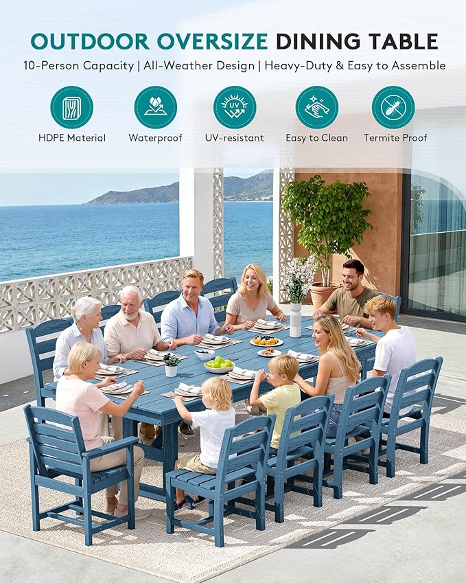 SERWALL 11 Piece Outdoor Dining Set, 84" HDPE Outdoor Table and Chairs for 10，All Weather Patio Furniture Set with Umbrella Hole for Backyard, Garden, Blue