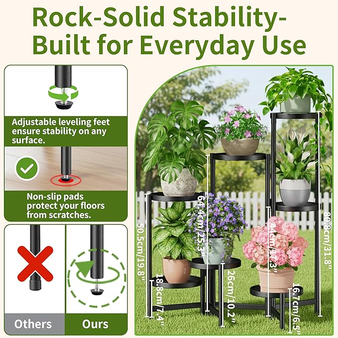 7 Tiered Metal Corner Plant Stand Indoor Outdoor, Tall Large Folding Rack with Rust Proof 7.9 Inch Wide Tray, Heavy Duty Flower Shelf for Multiple Plants for Patio - BlackDisk
