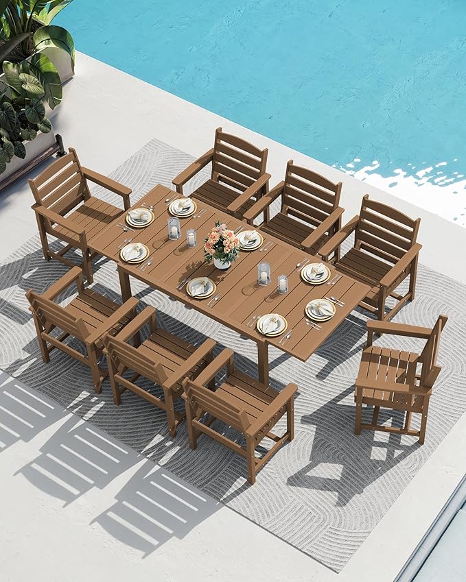 SERWALL 7-Piece Patio Dining Sets, 60" - 83" Expandable Outdoor Dining Table and 6 HDPE Chairs, All Weather HDPE Outdoor Furniture Set for Backyard, Garden, Brown