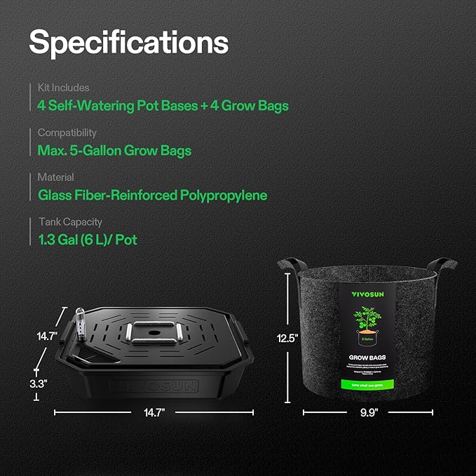 VIVOSUN 4-Pack FlexFeed Self-Watering Pots with Grow Bags, Auto Irrigation Fabric Pot Base with Water Meter & Maintenance Window, for Use Indoors/Outdoors in Grow Tents, Greenhouses, Gardens