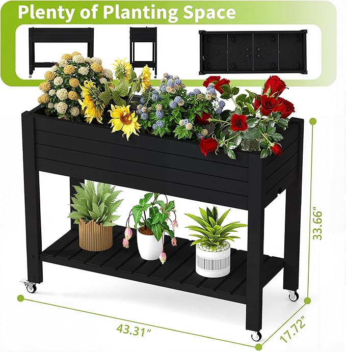 Raised Garden Bed with Legs, 33.66" Tall Self-Watering Resin Planter Box with Lockable Wheels Drainage Plug and Gauge for Vegetables, Flowers, Storage Shelf for Tools and Accessories (Black)