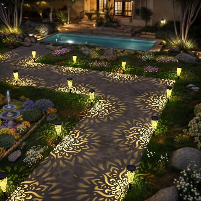 6 Pack Solar Lights Outdoor Garden Decorative Mandala Solar Garden Lights with Warm Light Waterproof Solar Pathway Landscape Lights for Path Patio Backyard Walkway Yard Lawn Decor (Black)