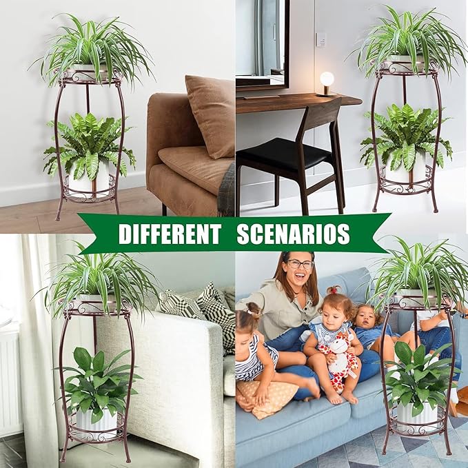 MOCORY Plant Stand Indoor Outdoor 2 Tier 27" Tall Metal Potted Holder Rack Flower Pot Stand Heavy Duty Plant Shelf Rustproof Iron Multiple Plant Round Supports Rack for Planter Corner Garden Balcony