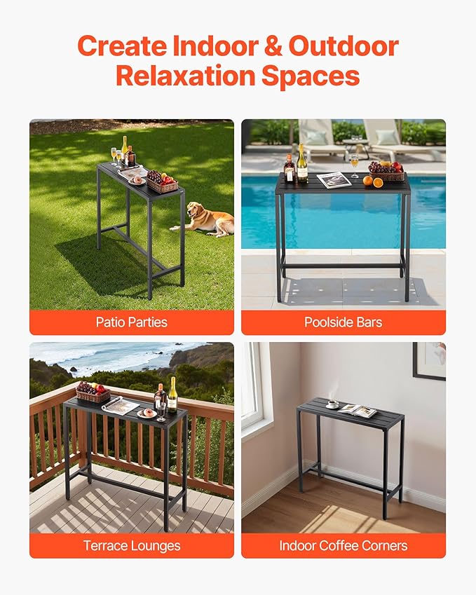 VEVOR Outdoor Bar Table, 39.4 x 15 in Patio Bar Table, Waterproof Top & Sturdy Metal Frame, Rectangle Counter Height Dining Tables, Outdoor Furniture for Balcony, Yard, Hot Tub, Poolside, Indoor