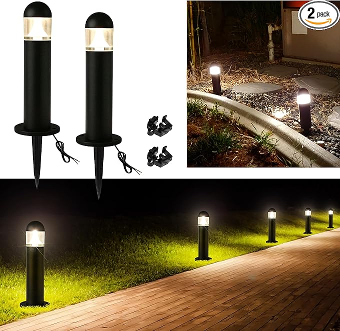 2 Pack Low Voltage Landscape Pathway Lights, 12V LED Bollard Light IP67 Waterproof, Outdoor Driveway Walkway Wired Lights (Included Connector and Stakes) - Yard Garden Lawn,2700K Warm White