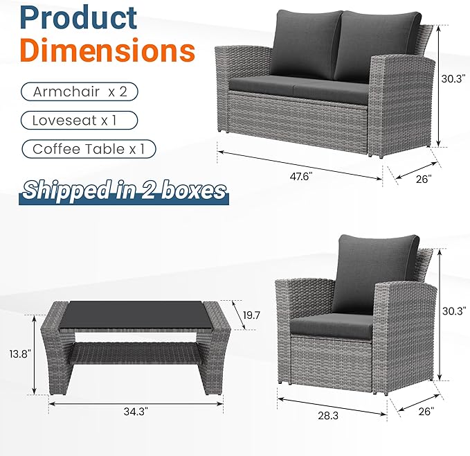 Wisteria Lane 4 Piece Patio Furniture Set, Wicker Outdoor Patio Conversation Furniture Set, All Weather Outdoor Patio Sofa with Cushion and Glass Table, Black