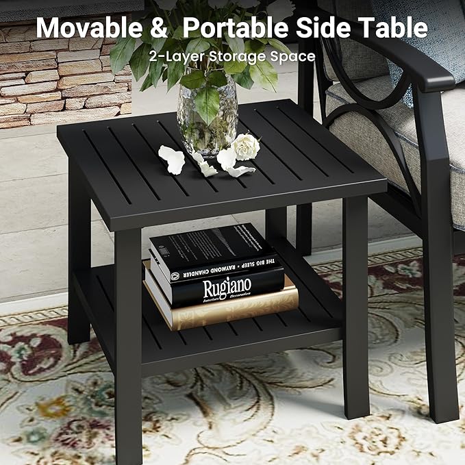 RoyalCraft Outdoor Patio Furniture Set, 3 Pieces Metal Patio Conversation Set with Side Table for Porch Garden Backyard, Black