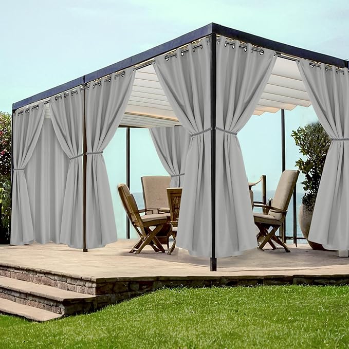 HolidayIdeas Grommet Outdoor Curtains for Patio Waterproof 8 Pcs All Weather Balcony Outside Curtains for Apartments, Gazebo, Pergolas, Porch, 54x120 Inch, Silver Grey