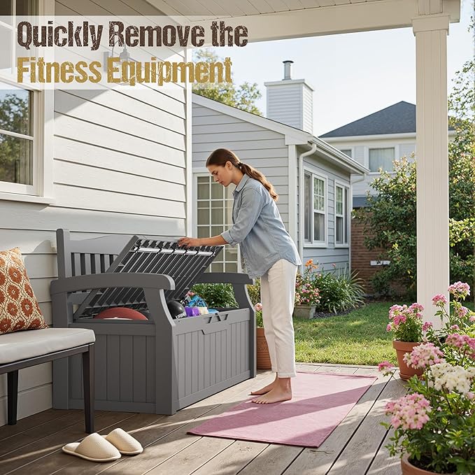 80-Gallon Outdoor Storage Bench, Waterproof Deck Box with Lockable Lid & Armrests for Patio, Garden, Pool, Gray
