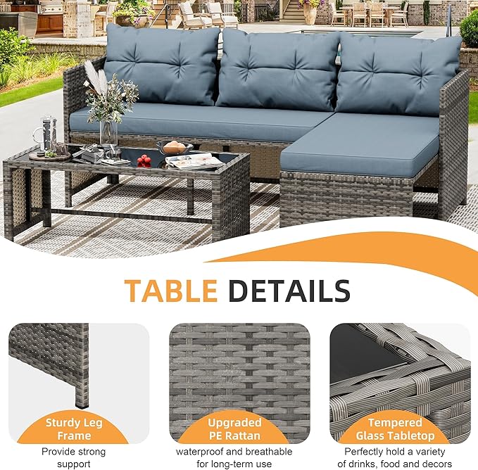 Shintenchi 3-Piece Outdoor Patio Furniture Sets, Wicker Patio Conversation Sets, All Weather Wicker Rattan Patio Seating Sofas with Glass Coffee Table and Cushion, Blue-Gray