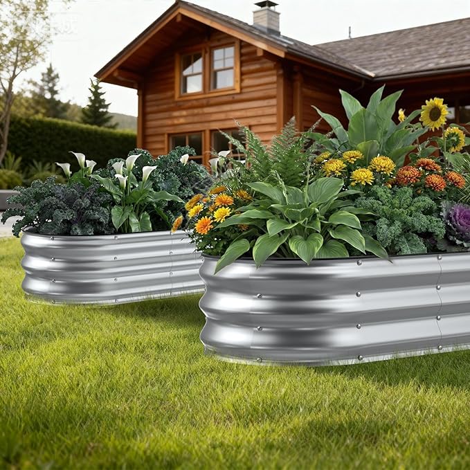 2 Pack 4x2x1FT Galvanized Raised Garden Beds,Raised Garden Bed with Safety Edging and Gloves,Oval Metal Planter Box for Gardening Vegetables Flowers Herb-Silver