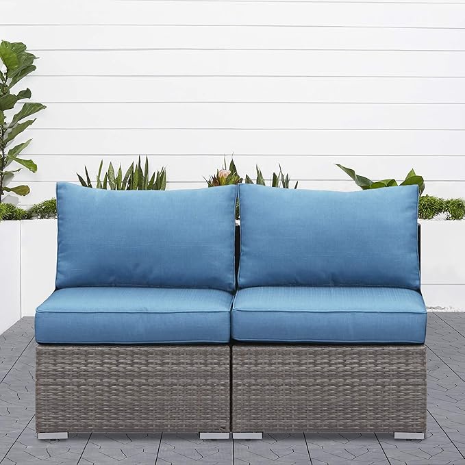 Wisteria Lane 2 Piece Patio Armless Sofa, Outdoor Wicker Sectional Furniture with Cushion, Additional Loveseats for Garden Backyard, Blue