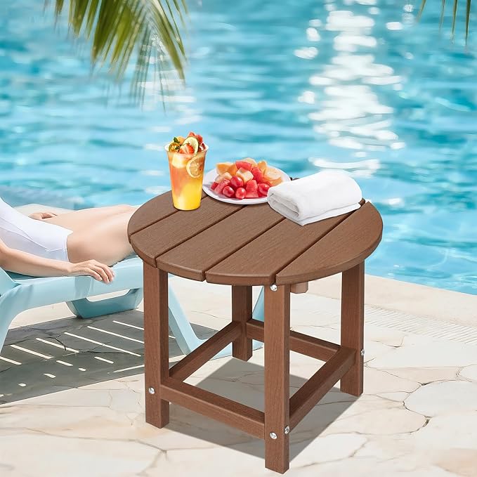 LZRS Round Adirondack Patio Side Table End Table, Outdoor Side Tables for Patio, Backyard,Pool, Indoor Companion, Easy Maintenance & Weather Resistant(Brown)