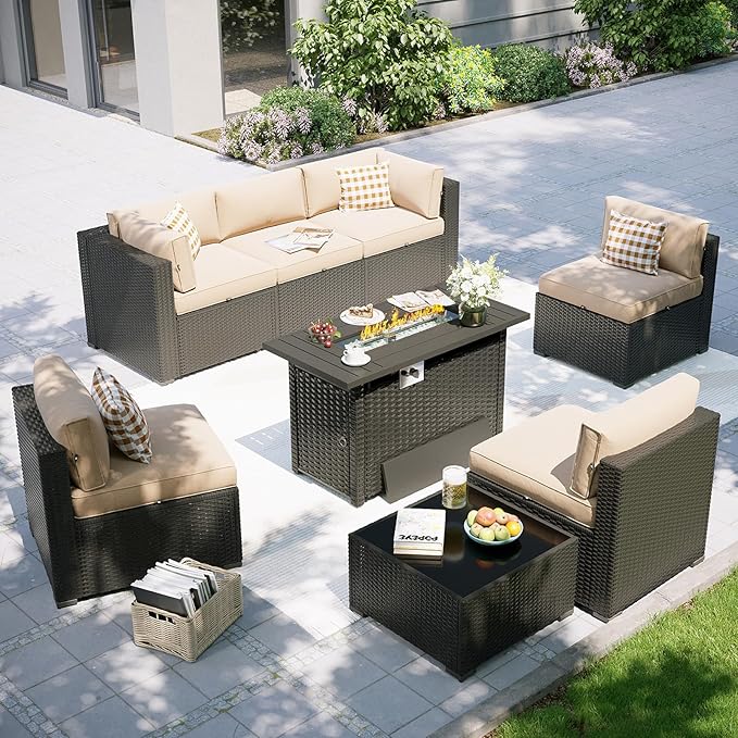 Aoxun Patio Furniture Set with Fire Pit Table, 8 Piece Outdoor Sectional Sofas, Wicker Rattan Outdoor Furniture with Thickened Cushion for Backyard, Garden Begin