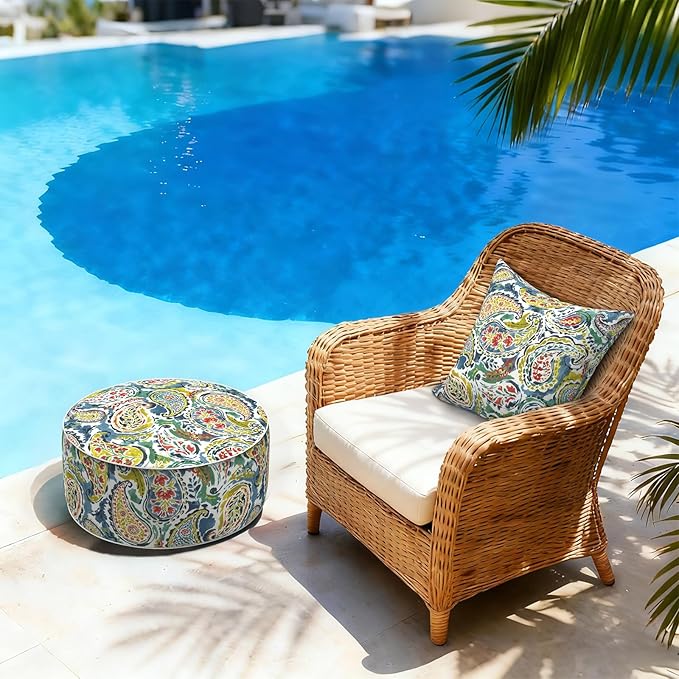 LVTXIII Inflatable Stool Ottoman Footrest with Handle, Decorative Fade-Resistant Foot Stool, Indoor or Outdoor Pouf for Home Garden and Camping Use, D21 x W 21 x H9, Paradise Paisley