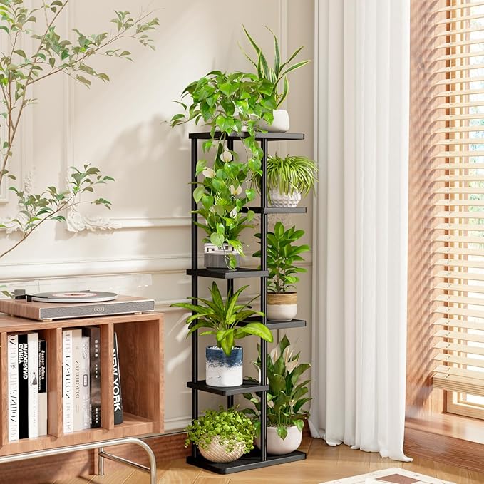 Bamworld Tall Plant Stand Indoor, 6 Tier Metal Plant Shelf for Multiple Plants, Tiered Flower Pot Stands for Patio Garden Balcony Living Room Bedroom, Black