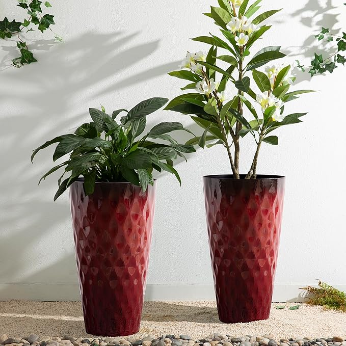 Glitzhome 23.75" H Tall Outdoor Planter, Set of 2 Wavy Texture Red Large Planters for Outdoor Plants, with Drainage Hole, Plastic Round Decorative Tall Flower Pots for Indoor Outdoor, Front Porch