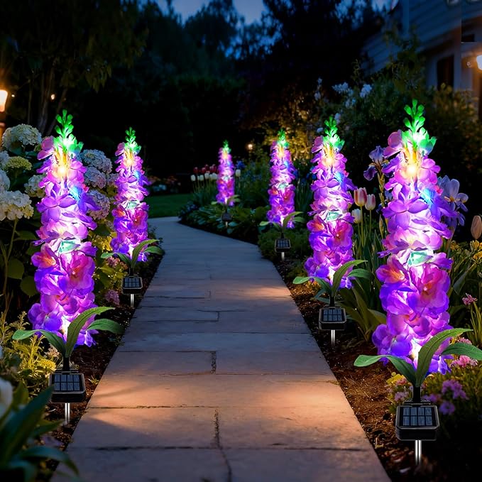 Solar Garden Lights, Solar Purple Delphinium Flowers Lights 4 Pack 80 LEDs, Waterproof Outdoor Light Two Lighting Modes for Outside Wedding Party Garden Yard Patio Lawn Decor