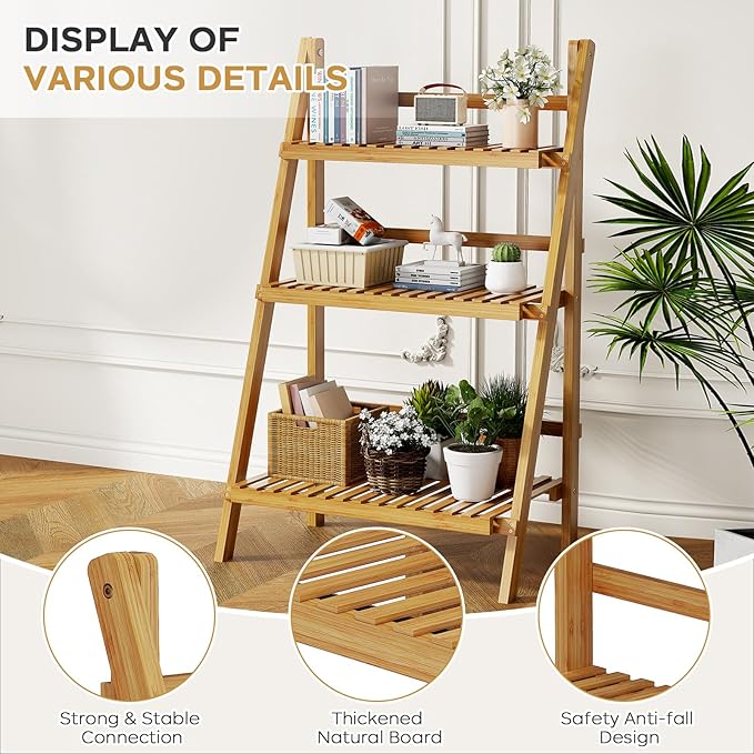 39.4" Foldable Plant Shelf Ladder Shelf, 3 Tier Bamboo Ladder Flower Pot Display Shelf, Freestanding Ladder Bookshelf for Garden, Balcony, Yard, Living Room, 23.6"W x 15"D x 39.4"H, Natural