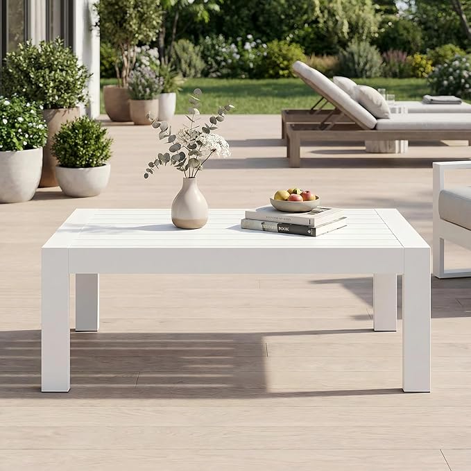 Solaste Aluminum Outdoor Coffee Table, All-Weather Rectangle Metal Patio Coffee Table Furniture for Balcony, Garden, Indoor or Outdoor Use, White