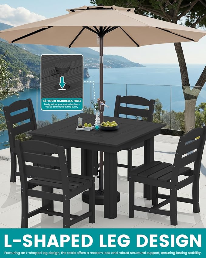 SERWALL Outdoor Dining Set for 4, HDPE Square Table and Chairs Set All Weather Patio Dining Set with 4 Armless Chairs for Patio, Black