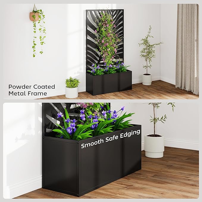 Outsunny Metal Raised Garden Bed with Trellis for Climbing Plants, Freestanding or Wall Mounted Flower Bed with Privacy Panel, Large Leaf Cut-Out Outdoor Planter Box for Garden, Patio, Balcony
