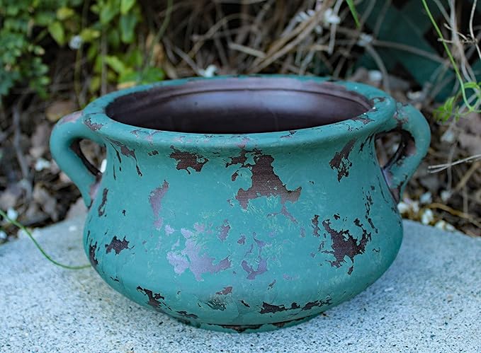 Egyptian Era Designed Earthen Ware Terra-Cotta Vessel/Planter with Looped Handles (Green)