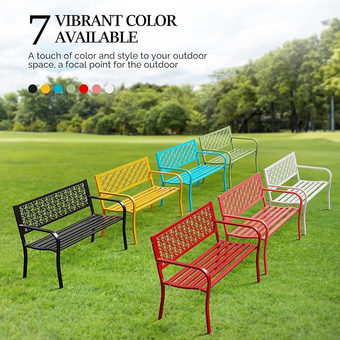 VINGLI 50" Outdoor Bench Metal with Floral Back, Garden Bench Front Porch Bench for Yard Patio Entryway Park Outside, 800lb Capacity - White