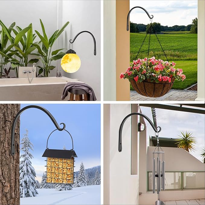 FEED GARDEN 2 Pack 10 Inch Hanging Plant Bracket Wall Hooks Decorative Plant Hangers for Outdoor Hanging Bird Feeders, Wind Chimes, Plant Baskets, Black