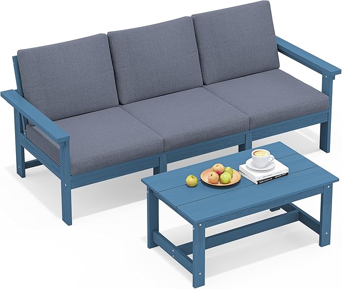 SERWALL HDPE Patio Sofa Set, 4-piece Outdoor Sectional Furniture Set, All Weather Outdoor Couch Set Patio Furniture Set for Deck, Lawn, Blue Frame with Grey Cushion