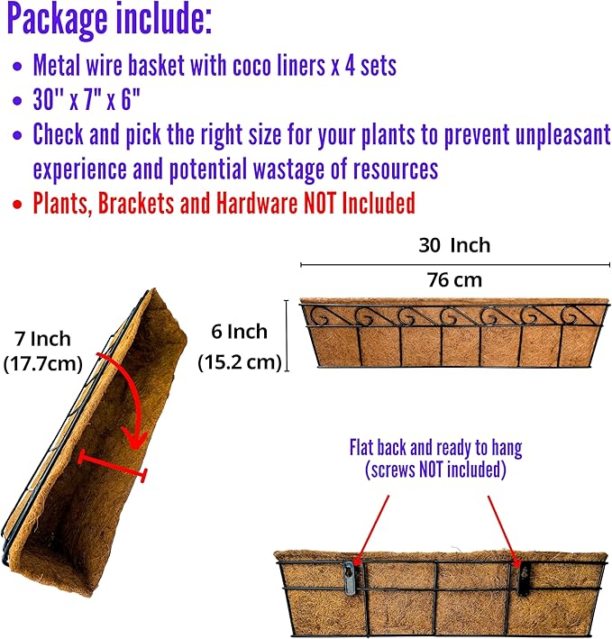 LaLaGreen Wall Mounted Planters - 30 Inch, 4 Pack Window Flower Boxes Basket Outdoor, Balcony Planter Over The Rail, Deck Railing Hanging with Coco Liners, Metal Horse Troughs Fence Patio Porch
