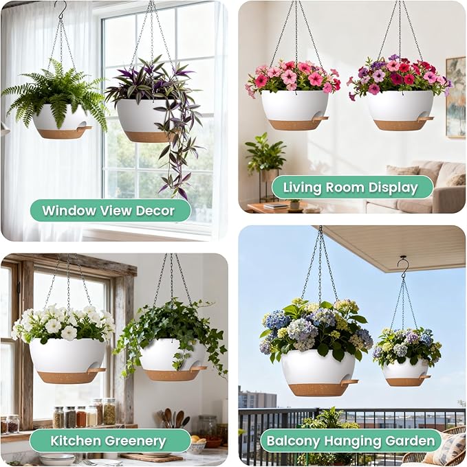 13 Inch 2 Pack Large Self Watering Hanging Planters for Indoor Outdoor Plants, Hanging Plant Pots with Removable 50 Oz Reservoir, Plastic Hanging Basket for Window Porch Garden, White with Brown