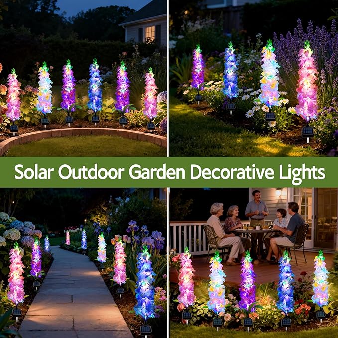 Solar Garden Lights, Solar Delphinium Flowers Lights 4 Pack 80 LEDs, Waterproof Outdoor Light Two Lighting Modes for Outside Wedding Party Garden Yard Patio Lawn Decor