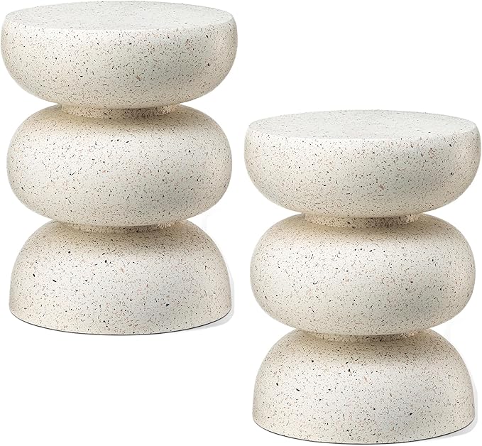 Glitzhome Outdoor Side Table Set of 2, 18" H Decorative Garden Stool MgO Faux Terrazzo End Table, Heavy Duty Indoor Outdoor Round Planter Stand for Living Room Bedroom Patio Deck Poolside,White