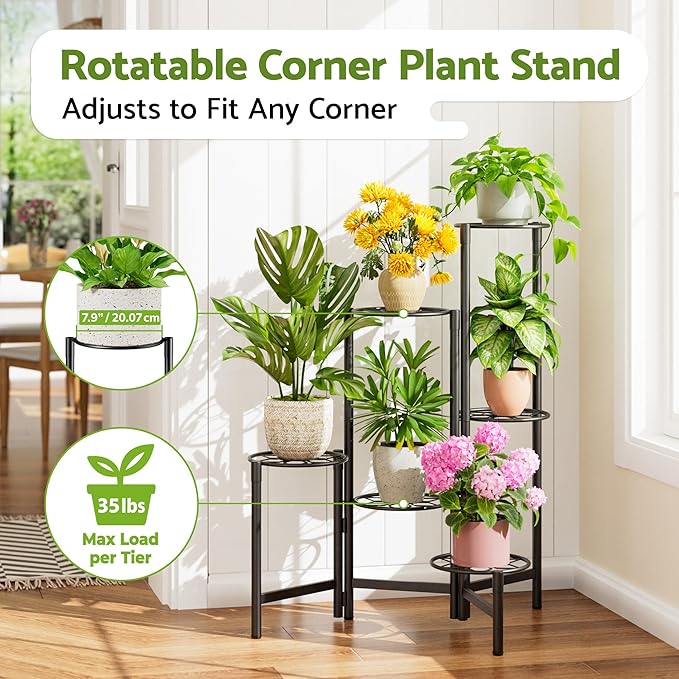 6 Tier Metal Plant Stands Outdoor Indoor, Heavy Duty Flower Pot Holder Potted Display Rack Shelf, Tall Corner Plant Shelf for Patio Garden Balcony Living Room Bedroom -BlackDiamond