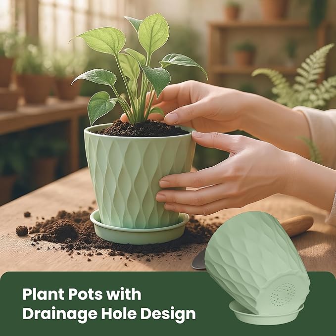 Plastic Plant Pots, 7/6.5/6/5.5/5/4.5/4 inch Flower Pots with Drainage Holes and Trays, 7 Pack Planter for Indoor Outdoor Plants (Green)